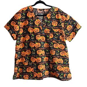 Just Love Women's Plus Size Happy Halloween Scrub Top Jack-O-Lantern Size 3X